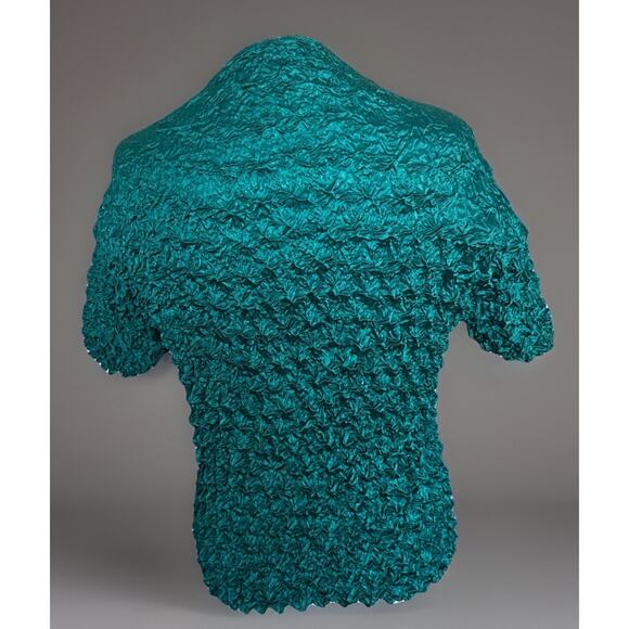 Vtg F C Green Crinkle Pleated Stretch Top 3/4 Sleeve One Size Fits Boho Chic - Picture 2 of 2